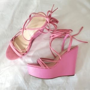 Bamboo Pink Wedge Platform Lace Up Heels